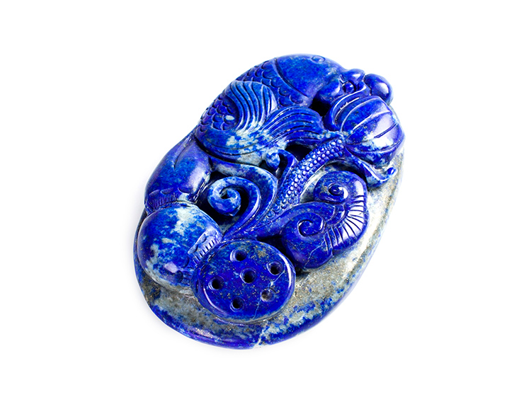 青金石鱼戏莲花手把件