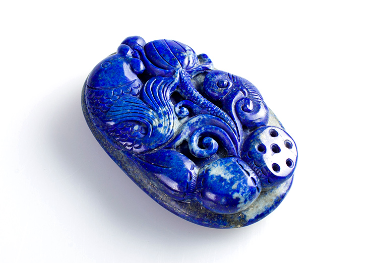 青金石鱼戏莲花手把件