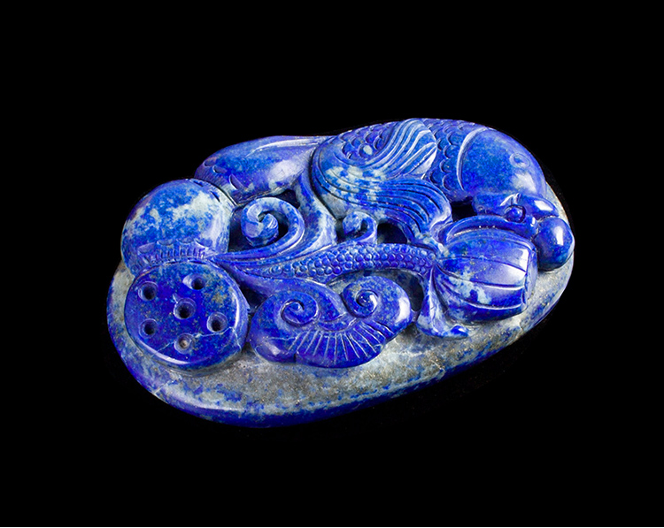 青金石鱼戏莲花手把件